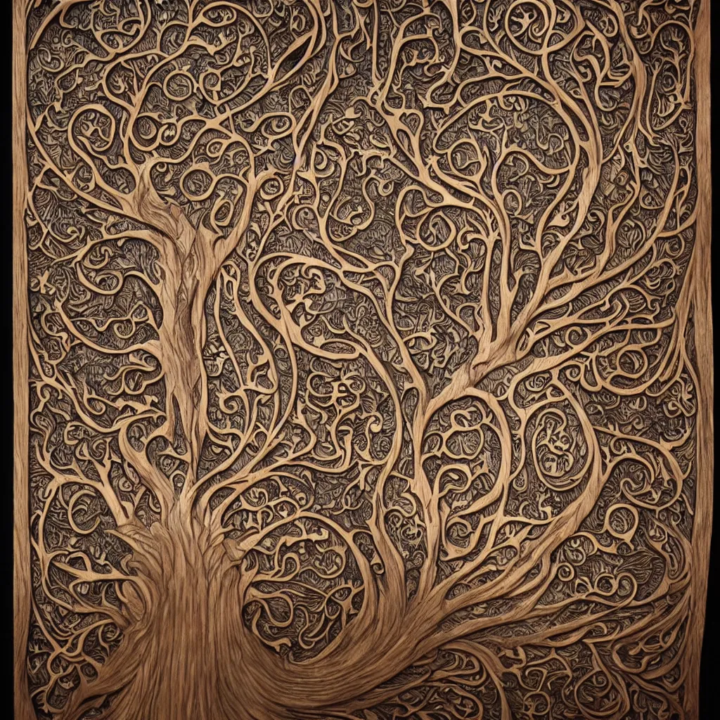 Prompt: wood relief carving of world tree, tree of life, yggdrasil, stygian, evil, shoggoth + exquisite, ornate, intricately carved, fractal, tarot, intricate details, art deco, hokusai, mohrbacher, alphonse mucha, photo realistic, redshift, spotlight