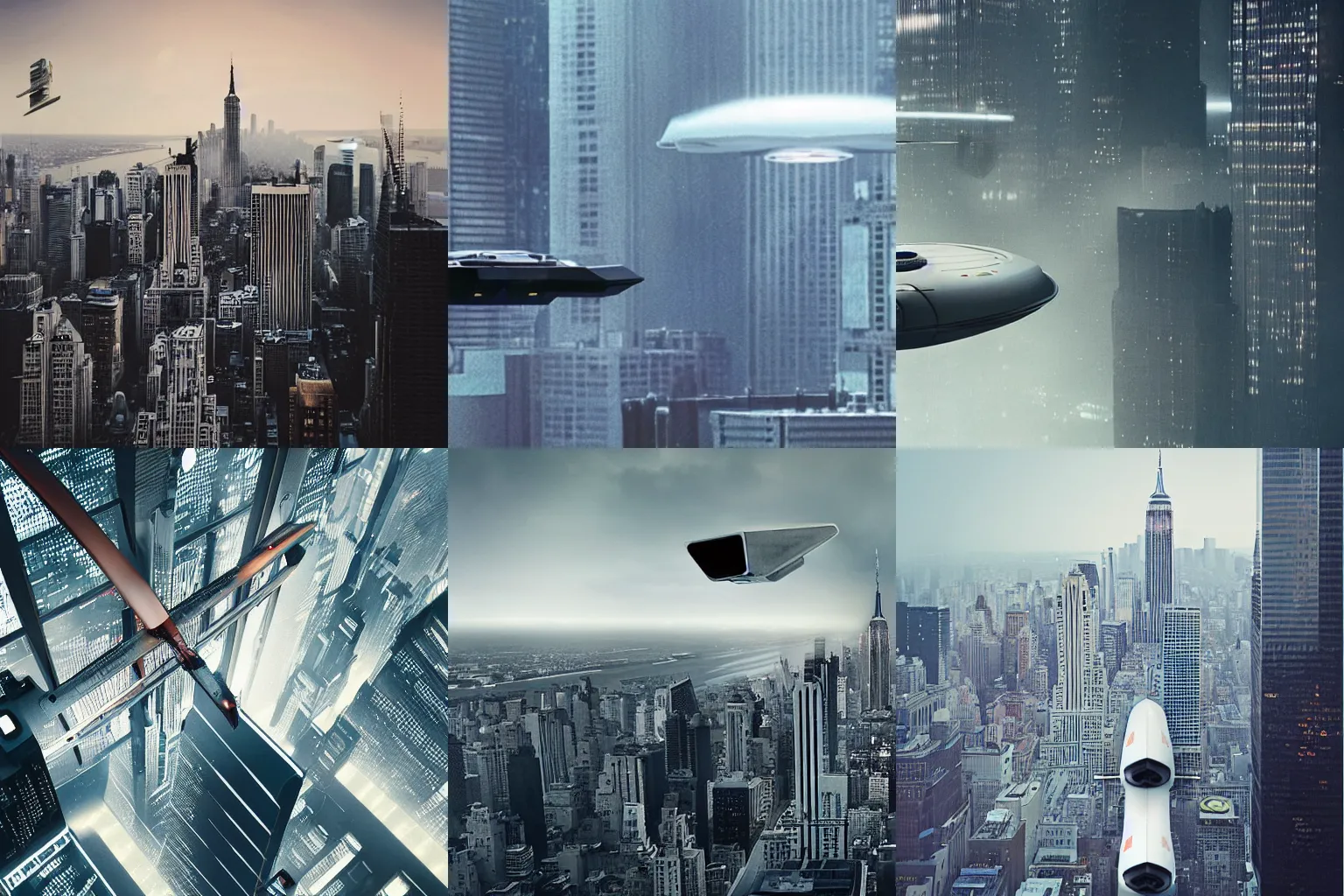 Prompt: a spaceship designed by dieter rams flying over NYC in style of bladerunner 2049