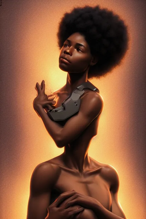 Image similar to beautiful and enigmatic afro american girl held captive in a remote research facility. vulnerability and innocence, ultra realistic, sharp details, subsurface scattering, intricate details, warm lighting, beautiful features, highly detailed, photorealistic, octane render, 8 k, unreal engine, art by artgerm and greg rutkowski and alphonse mucha