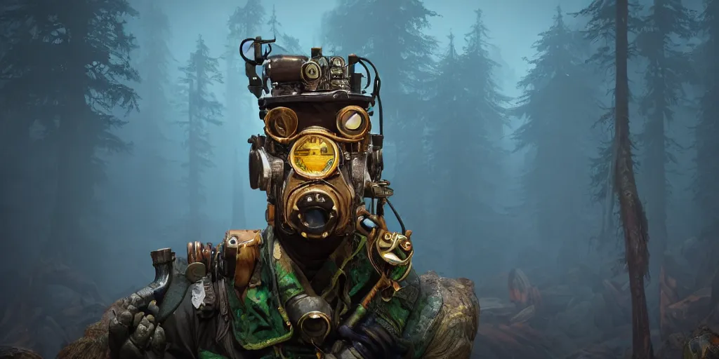 Image similar to woodsman wearing a steampunk and neonpunk mechanical fluorescent mystical animal mask in strange misty mountain landscape. fight with night monsters, night, realism in style of fornite game, 4 k, octane render, artwork by tooth wu and wlop and beeple and greg rutkowski, ambient occlusion, award winning photograph, epic cinematic shot