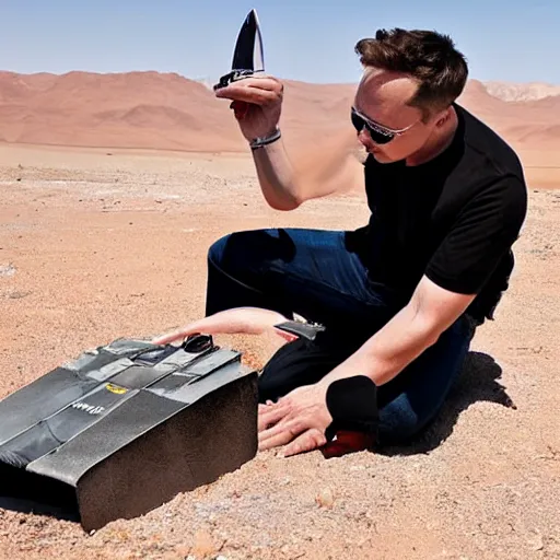 Prompt: elon musk clipping his toenails in the desert, fighting a satellite, creepy, 50mm