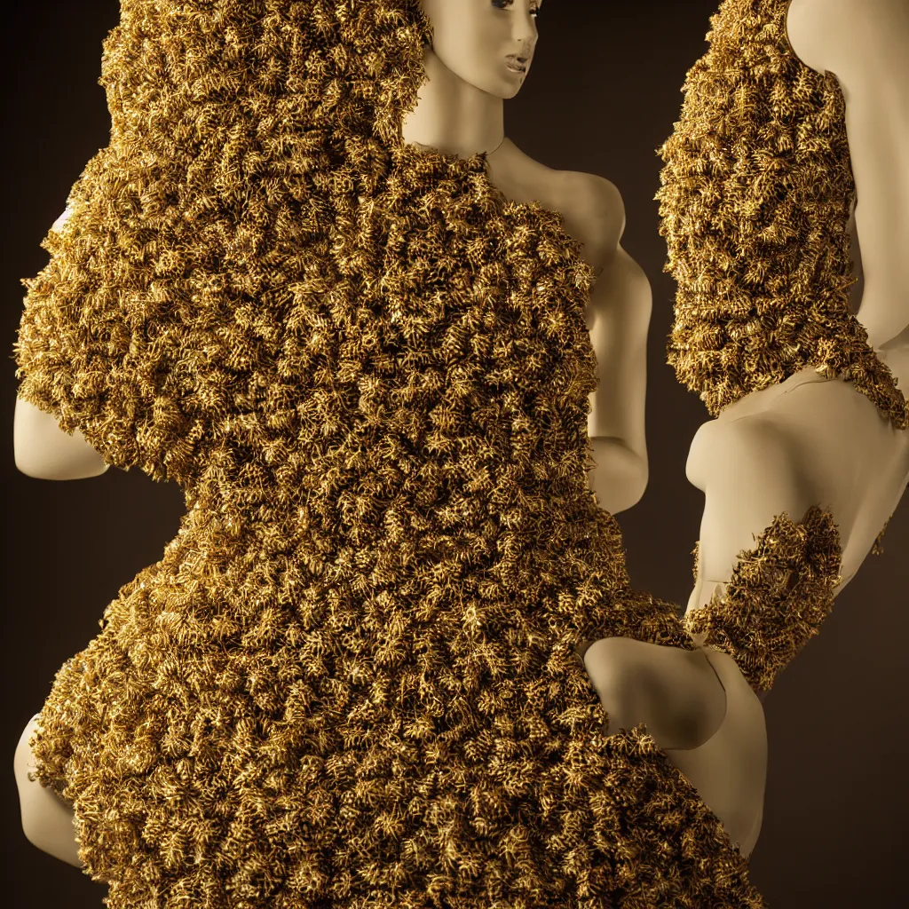 Image similar to a beautiful dress made of a real bee hive, on a mannequin. high resolution, studio lighting, closeup