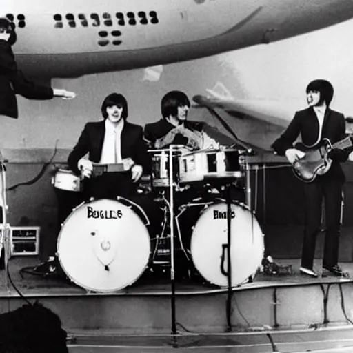 Image similar to the beatles playing live on top of a boeing 747
