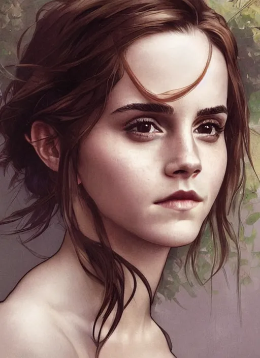 Prompt: emma watson looking into the camera with mischievous grin. beautiful detailed face. by artgerm and greg rutkowski and alphonse mucha