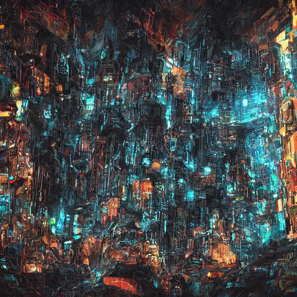 Image similar to a cave painting of a cyberpunk cave