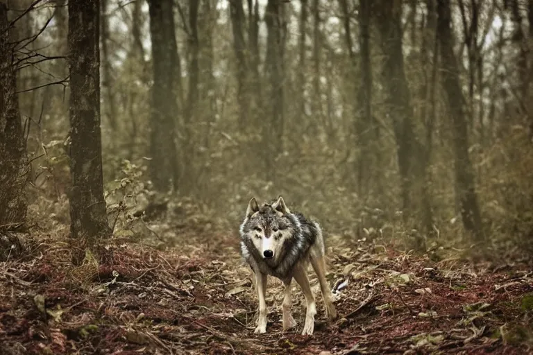 Image similar to hybrid consisting of a human and wolf, mostly wolf, photograph captured in the woods