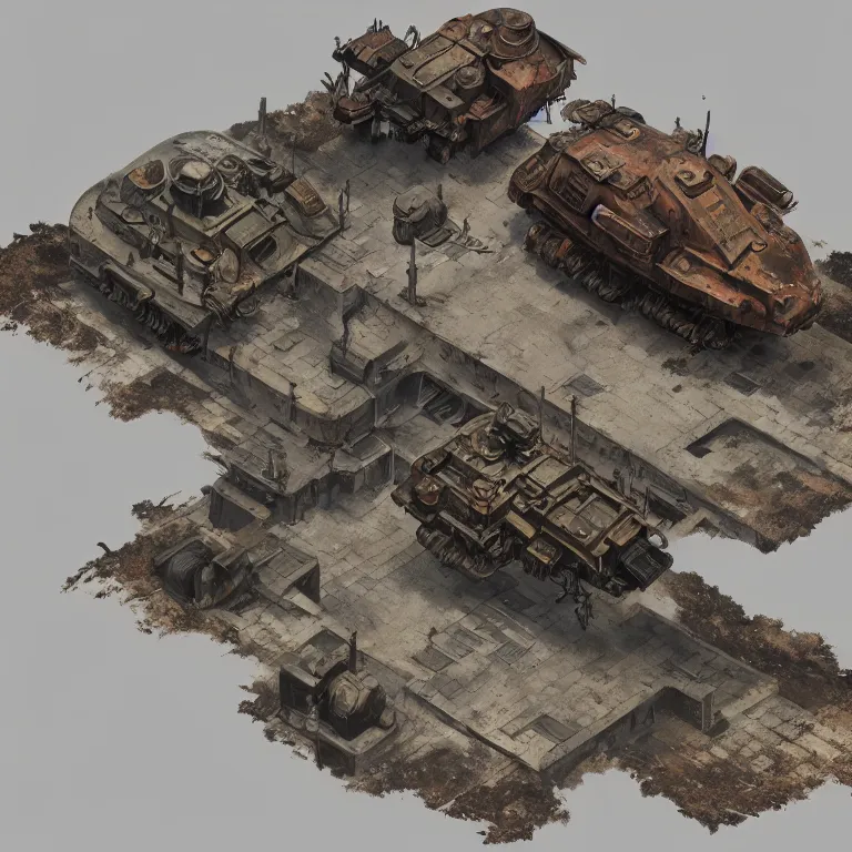 Prompt: 2 d overhead view, digital painted rusted dieselpunk tank virtual tabletop asset sheet, vertical floor plan view, roll 2 0, 2 - minute tabletop, battle map prop, black background, unity asset store, by greg rutkowski, trending on artstation