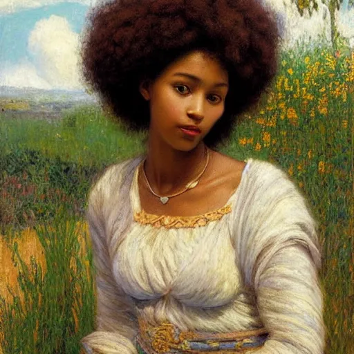 Image similar to east african woman with curly hair, simple background, fedosenko roman, j. w. godward, jose miguel roman frances, intricate details, countryside, dreamy, impressionist, figurative