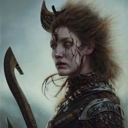 Prompt: Official photo of a majestic fierce viking woman, leader, ethereal, fear, scarred, highly detailed, viking attire, cinematic, 16k, 1080s, by Stanley Artgermm, Tom Bagshaw, Greg Rutkowski, Vincent di Fate, Carne Griffiths, Ayami Kojima, WLOP, trending on DeviantArt, hyper detailed, full of color, digital art,