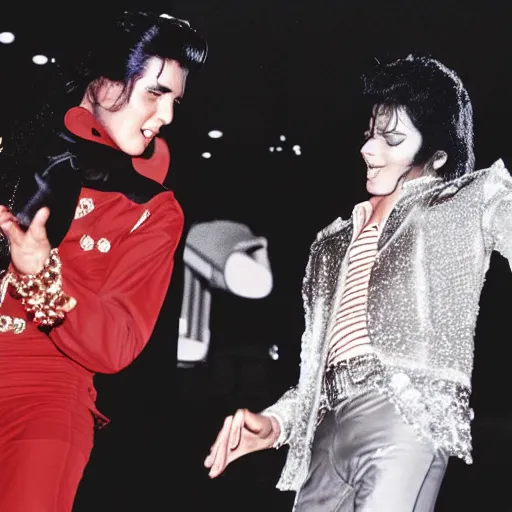 Image similar to elvis presley and michael jackson dancing, award winning photography, high detail, 4 k