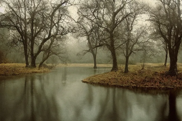 Image similar to a beautiful serene landscape filled with rivers and trees, rainy day, beautiful lighting, high depth, ultra realistic, artistic, by annie leibovitz