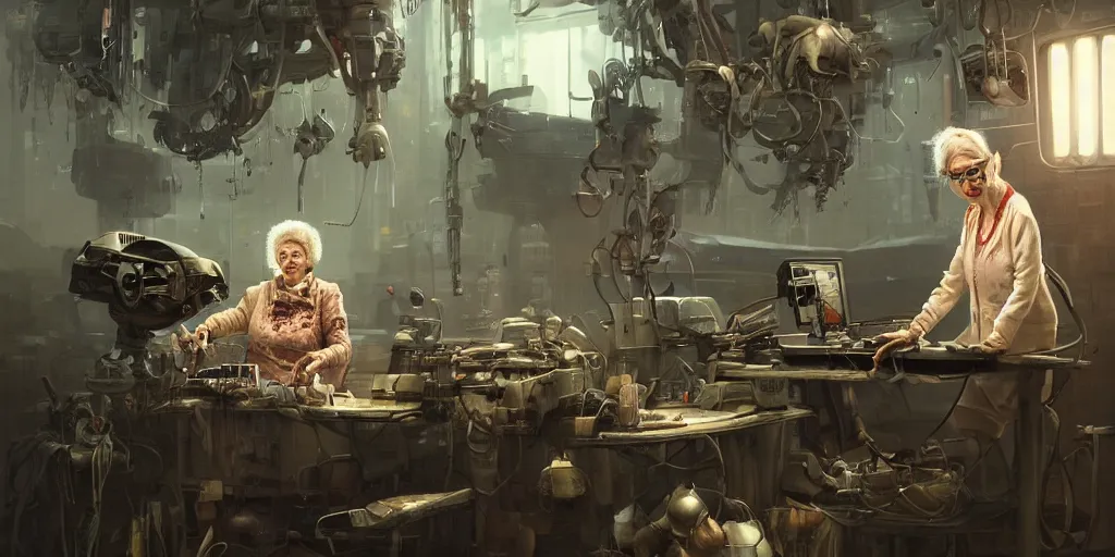 Prompt: an environmental concept art of an elderly woman cyberneticist in a messy workshop by artgerm and greg rutkowski, surgical implements, surgery theatre, robotic arm, blood spatter, highly detailed, cinematic, dramatic, cyberpunk, dieselpunk, scifi space station, horror, ( bladerunner 2 0 4 9, cyberpunk 2 0 7 7 )