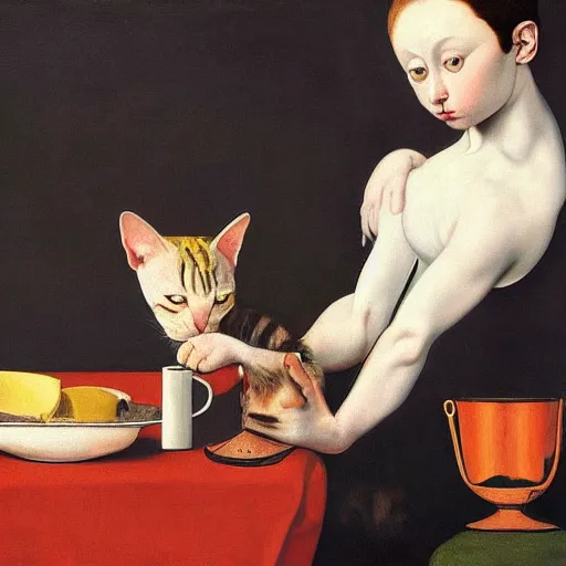 Image similar to highly detailed, 4k, oil painting of cats drinking coffee by Caravaggio, Matisse, and Rothko