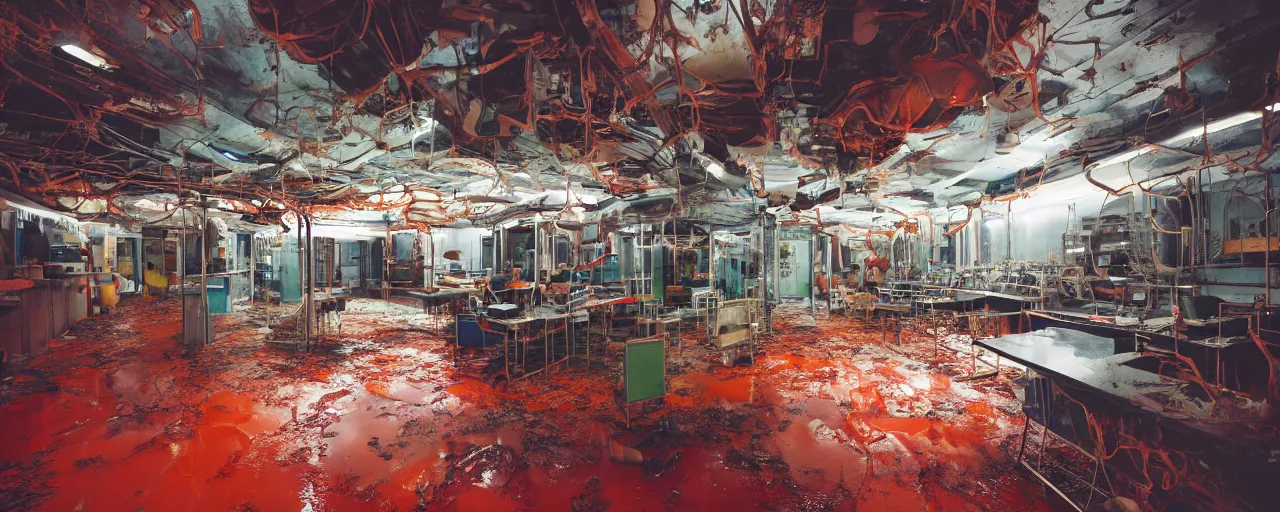 Prompt: Film still of a brightly lit science lab on a space ship, metal, floor grills, ventilation shafts, dusty, orange and red lighting, burning fire, water dripping, puddles, wet floor, rust, decay, green vines, overgrown, tropical, Cinestill colour cinematography, anamorphic