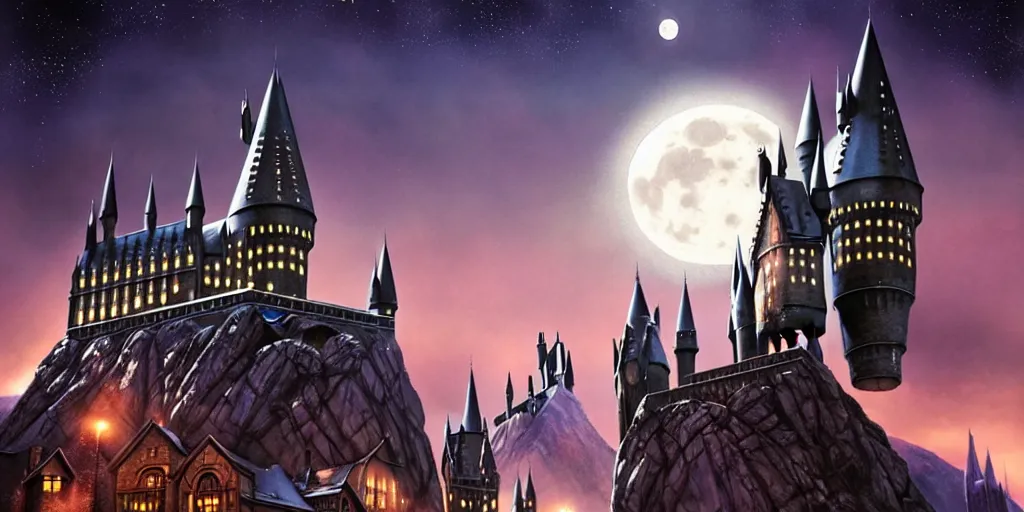 Prompt: harry potter hogwarts school at twilight with the moon in the background, mistby greg rutkowski and thomas kinkade, trending on artstation epic movie shot