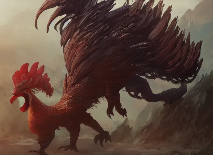 Image similar to detailed concept art of a huge rooster monster creature by cheng yi and luolin, artstation, artstationhd