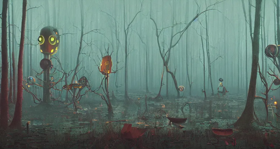 Prompt: An enchanted forest with a swamp, by simon stalenhag