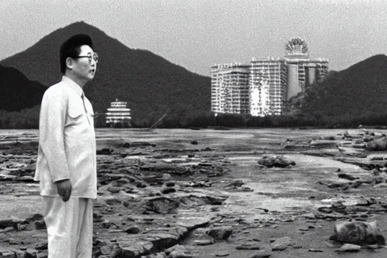 Image similar to a filmstill of Kim Jong-il looking at Starro Kaiju monster destroying Pyongyang, in Rashōmon by Akira Kurosawa (1950), traditional Korean city, palace, epic ultrawide shot, cinémascope