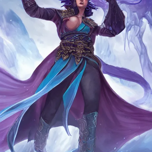 Image similar to Ice Sorcerer, arrogant, Magic the Gathering, fantasy, full body, highly detailed, digital painting, artstation, concept art, sharp focus, illustration, art by artgerm and livia prima and magali villeneuve, blue white and purple color scheme