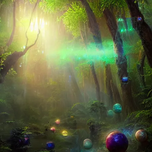 Image similar to detailed fantasy painting of a boreal ethereal mana forest full of glowing magical orbs floating into the sky at dawn ultra realistic , lens flare, atmosphere, glow, detailed, intricate, full of colour, cinematic lighting, trending on artstation, 4k, hyperrealistic, focused, extreme details, cinematic, masterpiece