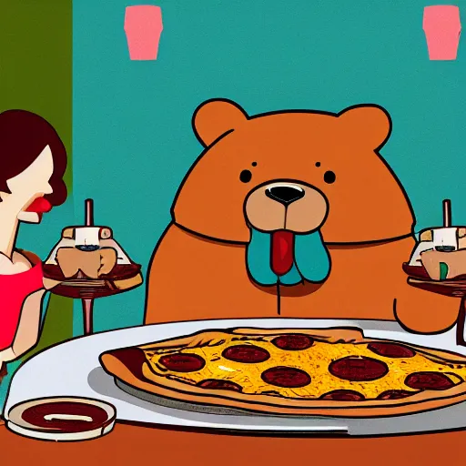 Prompt: illustration of a giant bear eating pizza in an Italian restaurant