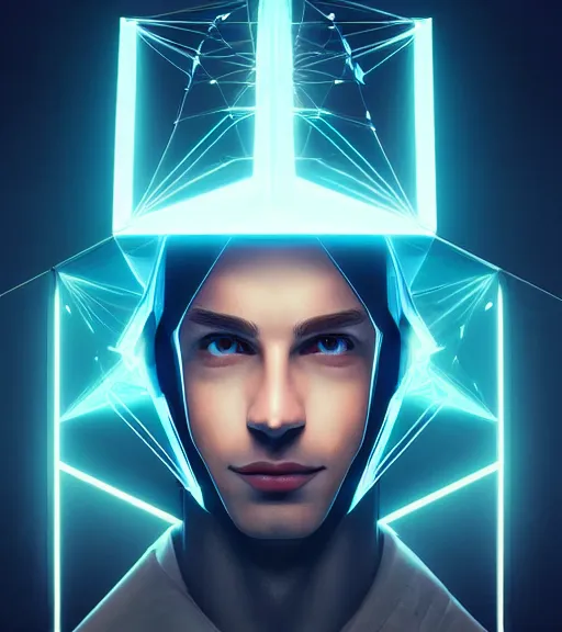 Image similar to symmetry!! caucasian prince of technology, solid cube of light, hard edges, product render retro - futuristic poster scifi, lasers and neon circuits, handsome caucasian prince, intricate, elegant, highly detailed, digital painting, artstation, concept art, smooth, sharp focus, illustration, dreamlike, art by artgerm