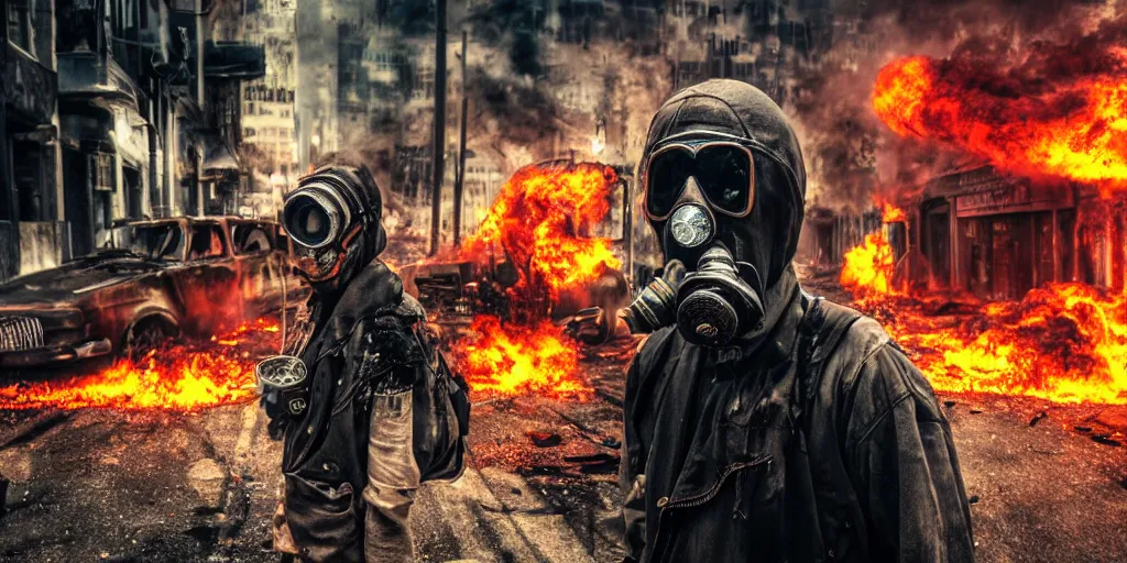 Prompt: post - apocalyptic city streets, close - up shot of an anarchist with a gasmask, burning cars, explosions, colorful smoke, hyperrealistic, gritty, damaged, dark, urban photography, photorealistic, high details