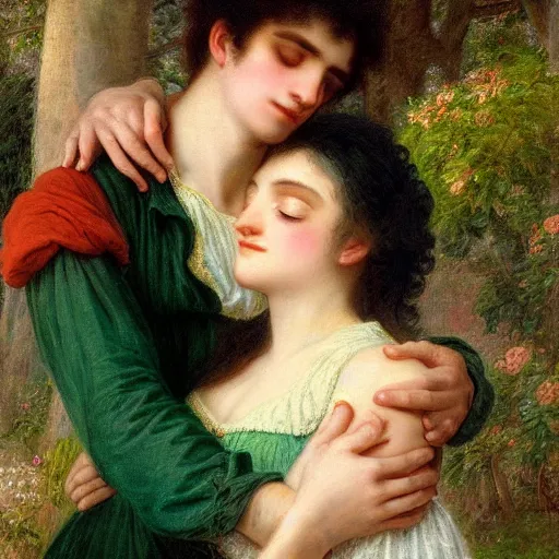 Image similar to young man in orange shirt and young woman in green dress with black hair hugging, by pierre - auguste cot