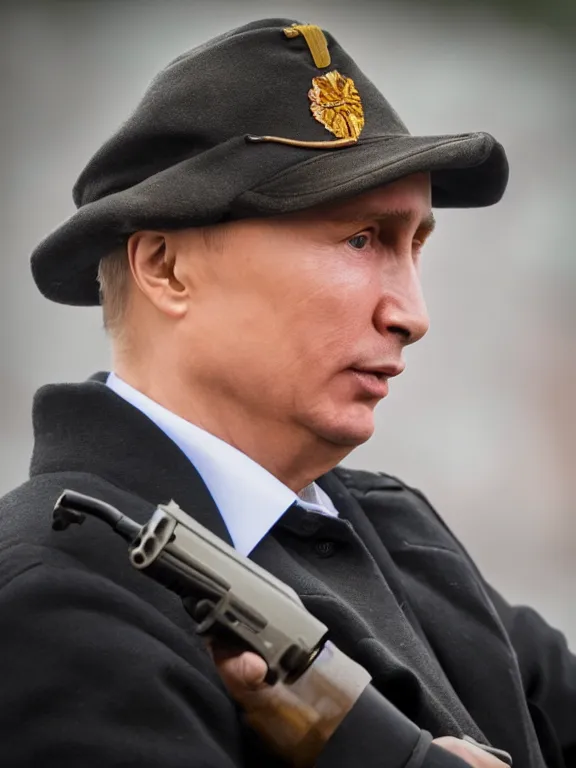 Image similar to 4K HD, high detail photograph, shot with Sigma f/ 4.2 , 250 mm sharp lens, shallow depth of field : (subject= Vladimir Putin holding a gun + subject detail= accurate body features, consistent, high detailed light refraction , high level texture render)