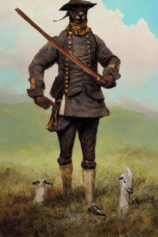 Image similar to Anthro llama colonial era soldier by Craig Mullins and Carl Brenders