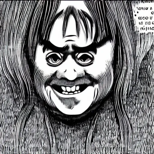 Prompt: manga illustration of danny devito by junji ito, uzumaki, horror