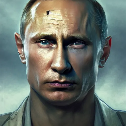 Image similar to Vladimir Putin as as Aiden Caldwell character from Dying Light 2 Stay Human, western, D&D, fantasy, intricate, elegant, highly detailed, digital painting, artstation, concept art, matte, sharp focus, illustration, art by Artgerm and Greg Rutkowski and Alphonse Mucha