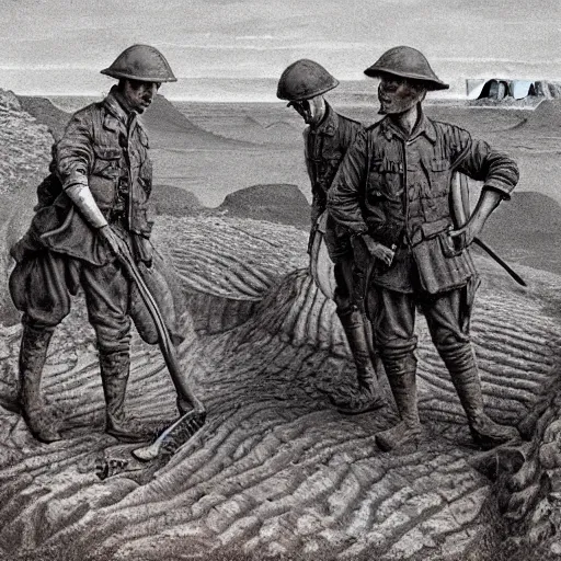 Image similar to ultra detailed photorealistic sepia - toned painting from 1 9 1 7, three british soldiers standing at an archaeological dig site in wadi rum, ultra realistic, painted, intricate details, lovecraft, atmospheric, dark, horror, brooding, highly detailed, by clyde caldwell