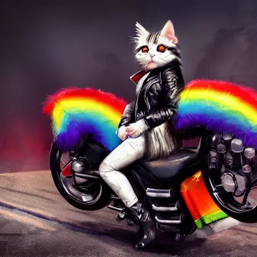 Image similar to wide angle full body, jacket wearing fluffy cute rainbow kitten wearing a black leather motorcycle jacket, riding on a motorcycle, cinematic concept art