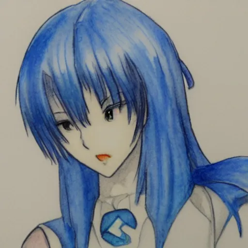 Prompt: pencil and watercolor sketch of rei ayanami