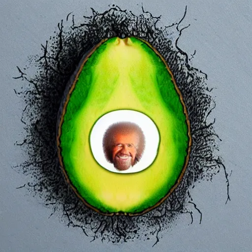 Prompt: bob ross as an embryo inside an avocado