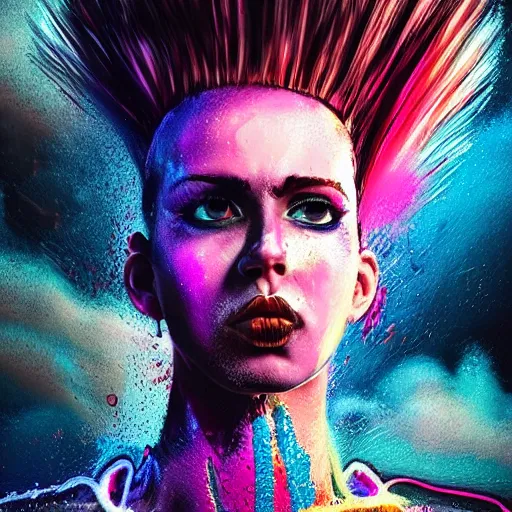 Prompt: splashes of neon clouds, mowhawk, punk portrait made out of paint with rain in the background, trending on artstation, epic composition, emotional, beautiful, rendered in octane, highly detailed, realistic, tim burton comic book art, sharp focus, matte painting, unreal engine