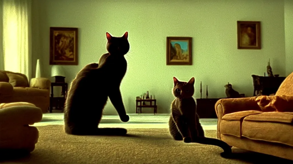 Image similar to an average american cat in the living room, film still from the movie directed by Denis Villeneuve with art direction by Salvador Dalí, wide lens