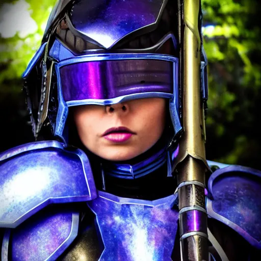 Image similar to photo of a female warrior with galaxy colored armour and weapons