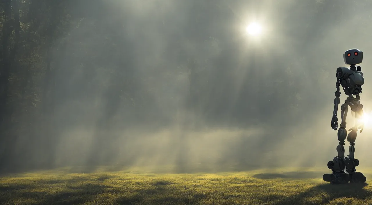 Image similar to a robot in a movie, cinematic shot, sun beams