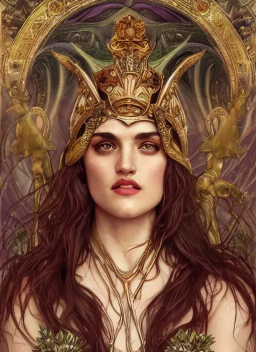 Prompt: Katie Mcgrath as a Roman Goddess, beautiful detailed eyes, cute, fantasy, intricate, elegant, highly detailed, digital painting, 4k, HDR, concept art, detailed jewellery, smooth, sharp focus, illustration, art by Artgerm, H R Giger and Alphonse Mucha, tarot card