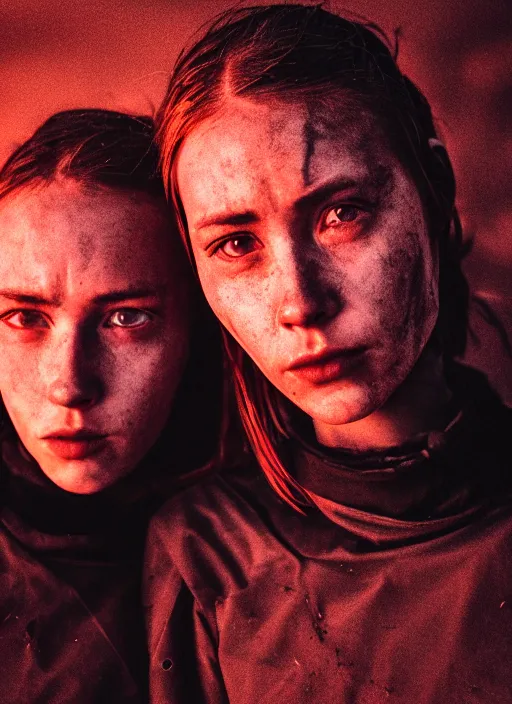 Image similar to cinestill 5 0 d photographic portrait of two loving female androids wearing rugged black techwear on a desolate plain with a red sky in front of a brutalist dark metal building, extreme closeup, cyberpunk style, dust storm, 8 k, hd, high resolution, 3 5 mm, f / 3 2, ultra realistic faces, ex machina