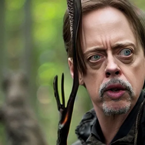 Prompt: movie still of Steve Buscemi as Katniss in The Hunger Games