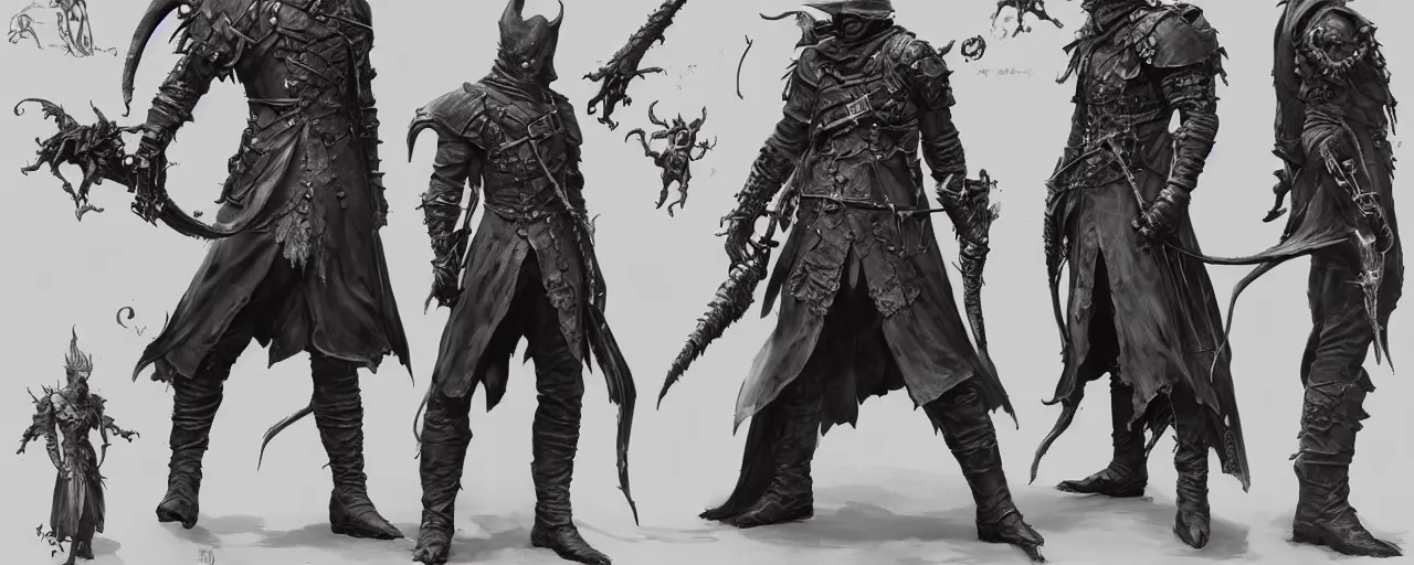 Prompt: character design, reference sheet, bloodborne 2 boss, concept art, photorealistic, hyperdetailed, 3 d rendering!, art by leyendecker! and frazetta