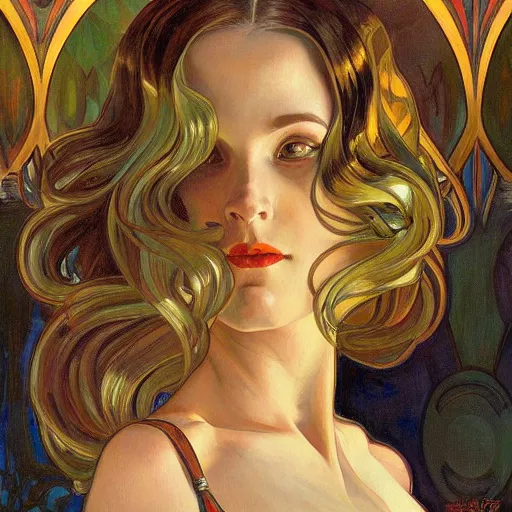 Image similar to a streamline moderne painting in the style of donato giancola, and in the style of charlie bowater, and in the style of alphonse mucha. symmetry, smooth, sharp focus, semi - realism, intricate detail.