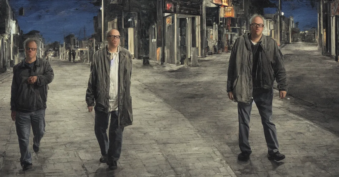 Image similar to todd solondz, high quality high detail image of todd solondz walking with a friend in an empty tel aviv street, clear sharp face of todd solondz, night, by lucian freud and gregory crewdson and francis bacon, hd, photorealistic lighting