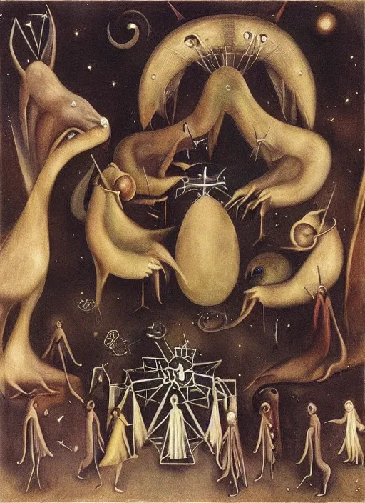 Image similar to a group of celestial beings communicating with weird machines by leonora carrington