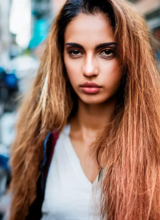 Prompt: color medium shot portrait of beautiful well-groomed Brazilian 26-year-old woman model, candid street portrait in the style of Connor Hibbs award winning, Sony a7R