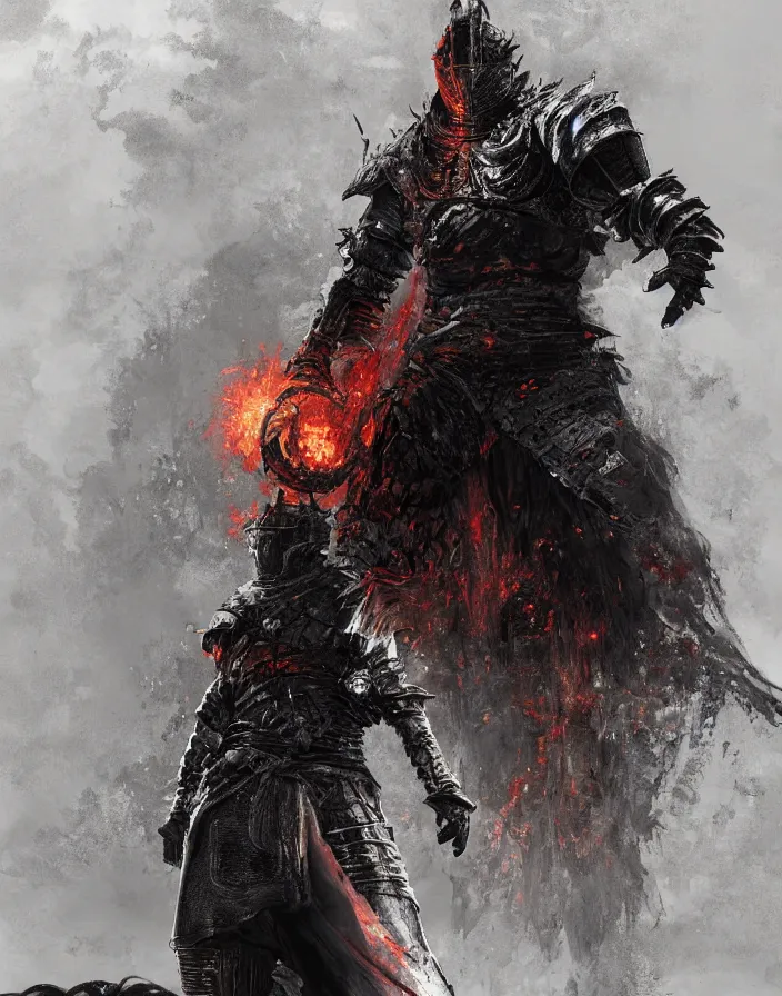 Image similar to folk horror illustration of the soul of cinder (a warrior in heavy iron armor that burns with eternal flame), dark souls 3 artwork, art by greg rutkowski, art by craig mullins, art by Masanori Warugai, art by Yoshitaka Amano