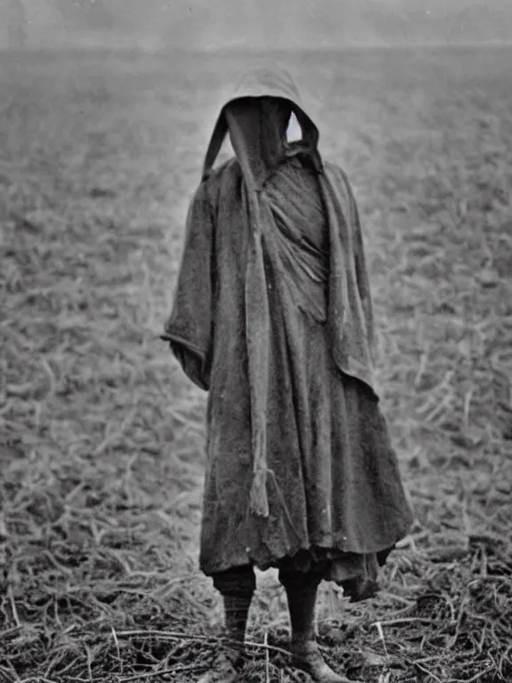 Image similar to portrait of faceless grim reaper standing in field of bones, ww1 photo, grainy, high detail, high resolution,